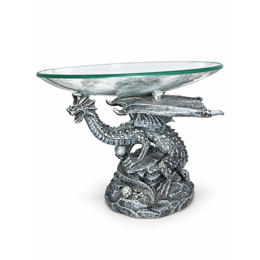Gothic Dragon Glass Top Pedestal Bowl Silver Resin Fantasy Centerpiece 9x12